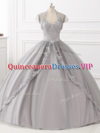 Eye-catching Sleeveless Tulle Floor Length Lace Up Quinceanera Gown in Grey with Beading and Appliques