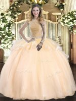 Pretty Sleeveless Organza Floor Length Lace Up Quinceanera Gown in Peach with Beading