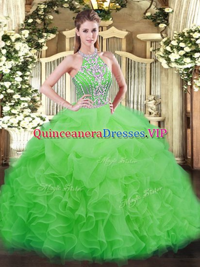 Modest Tulle Halter Top Sleeveless Lace Up Beading and Ruffles Quinceanera Dress in - Click Image to Close