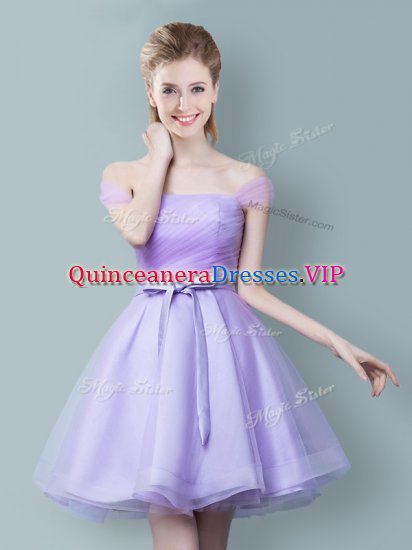 Stylish Lavender Off The Shoulder Neckline Ruching and Bowknot Vestidos de Damas Sleeveless Zipper - Click Image to Close