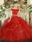 Short Sleeves Floor Length Appliques and Ruffles Zipper 15 Quinceanera Dress with Red