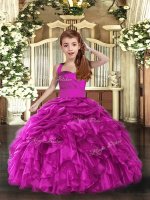 Fuchsia Organza Lace Up Glitz Pageant Dress Sleeveless Floor Length Ruffles