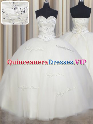 Stunning White Sleeveless Tulle Lace Up Ball Gown Prom Dress for Military Ball and Sweet 16 and Quinceanera