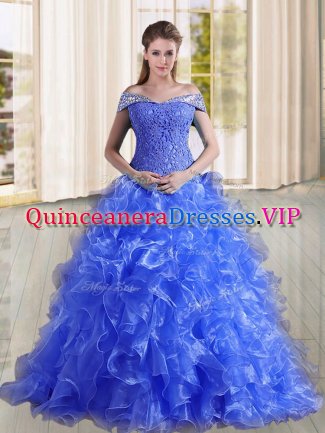 Blue 15 Quinceanera Dress Off The Shoulder Sleeveless Sweep Train Lace Up