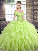 Clearance Organza Off The Shoulder Sleeveless Brush Train Lace Up Beading and Ruffles Quince Ball Gowns in Yellow Green