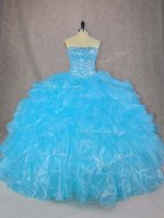 Stunning Blue Ball Gowns Beading and Ruffles 15th Birthday Dress Lace Up Organza Sleeveless Floor Length(SKU PSSW1052-7BIZ)