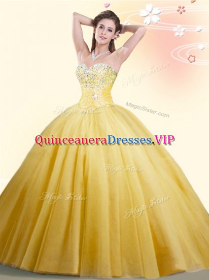 Hot Sale Gold Sleeveless Floor Length Beading Lace Up Quinceanera Gown - Click Image to Close