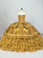 Hot Selling Embroidery and Ruffled Layers Quinceanera Dress Brown Lace Up Sleeveless Brush Train