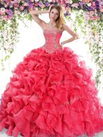 Exquisite Red Ball Gowns Sweetheart Sleeveless Organza Sweep Train Lace Up Beading and Ruffles Quinceanera Gowns