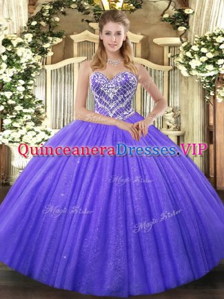 Deluxe Purple Ball Gowns Tulle Sweetheart Sleeveless Beading Floor Length Lace Up Sweet 16 Dresses