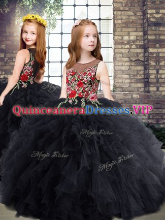 New Style Sleeveless Tulle Floor Length Zipper Little Girl Pageant Gowns in Black with Embroidery and Ruffles