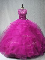 Fuchsia Lace Up Scoop Beading and Ruffles Quinceanera Dress Tulle Sleeveless Brush Train