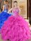 Hot Pink Ball Gowns Organza Scoop Sleeveless Beading and Ruffles Floor Length Lace Up Sweet 16 Quinceanera Dress