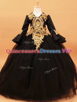 High End Long Sleeves Floor Length Beading and Appliques Teens Party Dress with Black