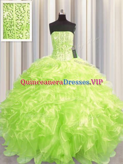 New Style Visible Boning Yellow Green Ball Gowns Beading and Ruffles 15th Birthday Dress Lace Up Organza Sleeveless Floor Length - Click Image to Close