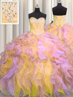 Beading and Appliques and Ruffles Sweet 16 Dress Multi-color Lace Up Sleeveless Floor Length