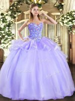 Best Lavender Organza and Tulle Lace Up 15th Birthday Dress Sleeveless Floor Length Embroidery