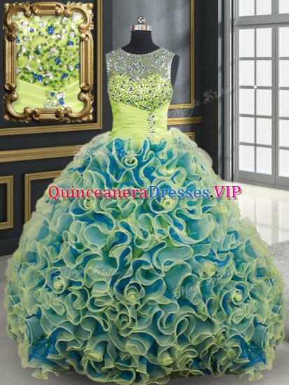 Exceptional See Through Yellow Green Lace Up Scoop Beading and Sequins 15 Quinceanera Dress Fabric With Rolling Flowers Sleeveless Brush Train - Click Image to Close