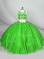 Hot Sale Green Ball Gowns Tulle Scoop Sleeveless Beading and Appliques Floor Length Lace Up Vestidos de Quinceanera