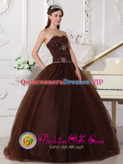 Clinton Mississippi/MS Rhinestones Decorate Bodice Modest Brown Quinceanera Dress Sweetheart Floor-length Tulle Ball Gown - Click Image to Close