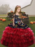 Inexpensive Floor Length Red Girls Pageant Dresses Organza Sleeveless Embroidery