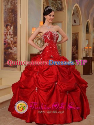 Brig Switzerland Affordable Red Beading and Embroidery Decorate Bodice Quinceanera Dress Strapless Taffeta Ball Gown