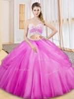 Tulle One Shoulder Sleeveless Criss Cross Beading and Ruching and Pick Ups Military Ball Gowns in Lilac