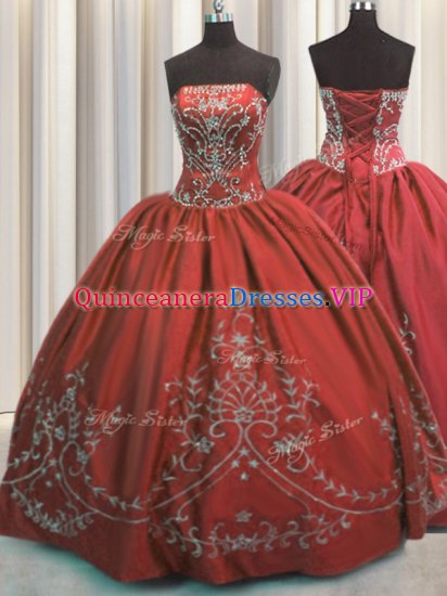 Ideal Wine Red Lace Up Ball Gown Prom Dress Beading and Embroidery Sleeveless Floor Length - Click Image to Close