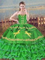 Sexy Sleeveless Embroidery and Ruffled Layers Lace Up Quinceanera Dresses with Green Brush Train