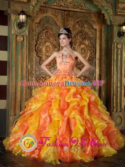 Cardiff South Glamorgan Exclusive Orange Strapless Quinceanera Dress For Appliques Decorate Organza Ruffles Ball Gown - Click Image to Close