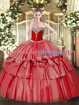 Discount Coral Red Sweet 16 Dress Military Ball and Sweet 16 and Quinceanera with Beading and Ruffled Layers Sweetheart Sleeveless Lace Up