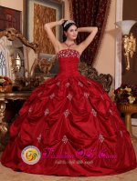 Cople Bedfordshire Customize Pick-ups and Appliques Wine Red Strapless Taffeta Quinceanera Dress