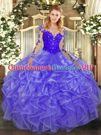 Lavender Ball Gowns Organza Scoop Long Sleeves Lace and Ruffles Floor Length Lace Up Sweet 16 Dress