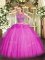 Floor Length Lace Up Ball Gown Prom Dress Fuchsia for Military Ball and Sweet 16 and Quinceanera with Beading and Ruffles