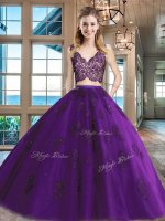 Simple Purple Sweet 16 Dresses Military Ball and Sweet 16 and Quinceanera with Lace and Appliques V-neck Sleeveless Zipper