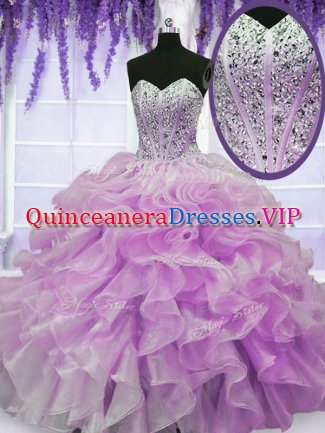 Floor Length Zipper Quinceanera Gowns Lilac for Military Ball and Sweet 16 and Quinceanera with Beading and Ruffles