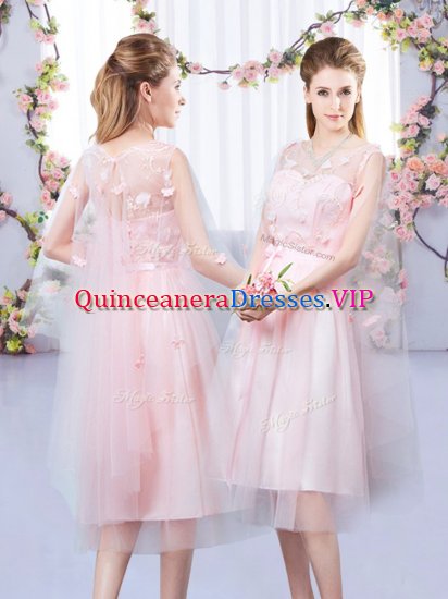 Sleeveless Lace Up Tea Length Appliques and Belt Quinceanera Court of Honor Dress - Click Image to Close