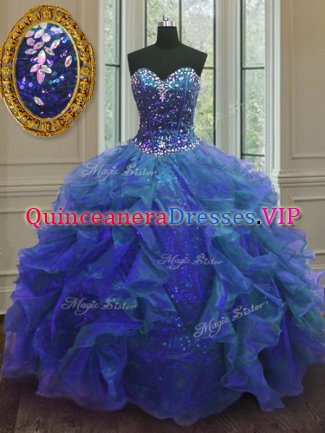 Blue Sleeveless Floor Length Beading and Ruffles Lace Up Quinceanera Dresses