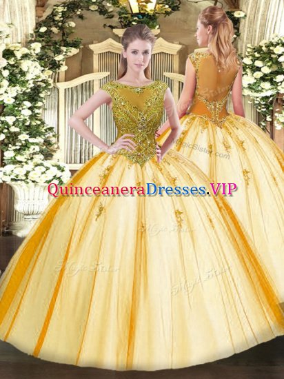 Super Gold Lace Up Scoop Beading Quinceanera Dresses Tulle Cap Sleeves - Click Image to Close