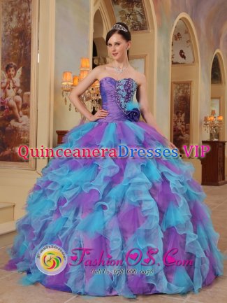 Kiedrich Organza The Most Popular Purple and Aqua Blue Quinceanera Dress With Sweetheart neckline Ruffles Decorate