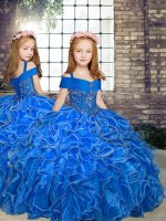 High Class Beading and Ruffles Winning Pageant Gowns Blue Lace Up Sleeveless Floor Length