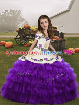 Eggplant Purple Pageant Dresses Party and Wedding Party with Embroidery and Ruffled Layers Straps Sleeveless Lace Up