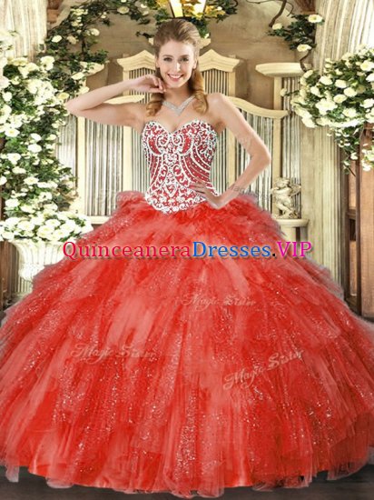 Deluxe Coral Red Sleeveless Floor Length Beading and Ruffles Side Zipper 15th Birthday Dress - Click Image to Close