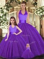 Deluxe Floor Length Purple Sweet 16 Dress Halter Top Sleeveless Lace Up