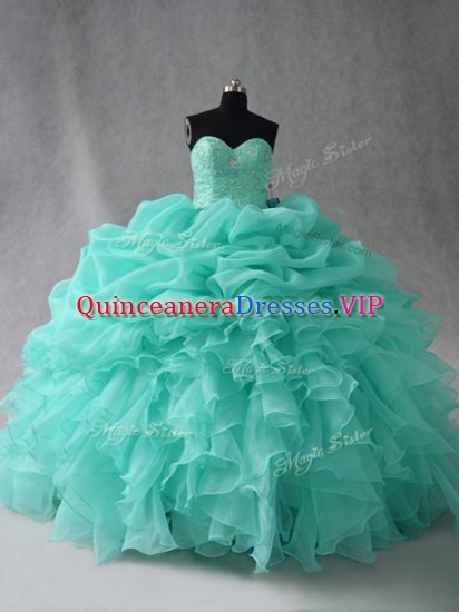 Fantastic Aqua Blue Organza Lace Up Sweetheart Sleeveless Floor Length Quinceanera Dresses Beading and Ruffles and Pick Ups - Click Image to Close