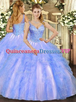 Ideal Floor Length Blue Sweet 16 Dress Tulle Sleeveless Beading and Ruffles