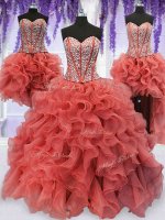 Fantastic Four Piece Coral Red Lace Up Sweetheart Beading and Ruffles Sweet 16 Dress Organza Sleeveless