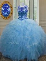 Hot Selling Floor Length Baby Blue 15th Birthday Dress Scoop Sleeveless Lace Up