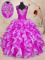 Trendy Fuchsia Lace Up Quinceanera Gown Beading and Ruffles Sleeveless Floor Length