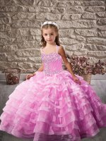 Glorious Lilac Sleeveless Organza Brush Train Lace Up Girls Pageant Dresses for Party and Sweet 16 and Wedding Party